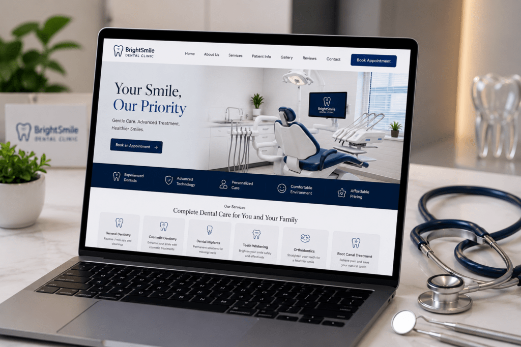 a laptop displaying a modern dental practice website design for a local clinic