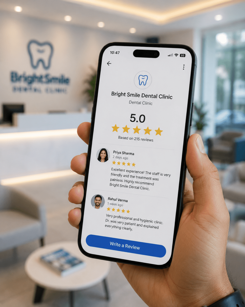 five star online reviews for dental clinics displayed on a smartphone screen
