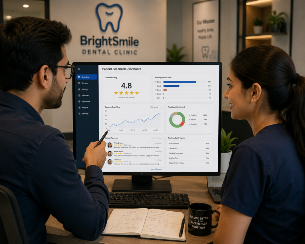 dental staff asking a happy patient to leave a positive digital review