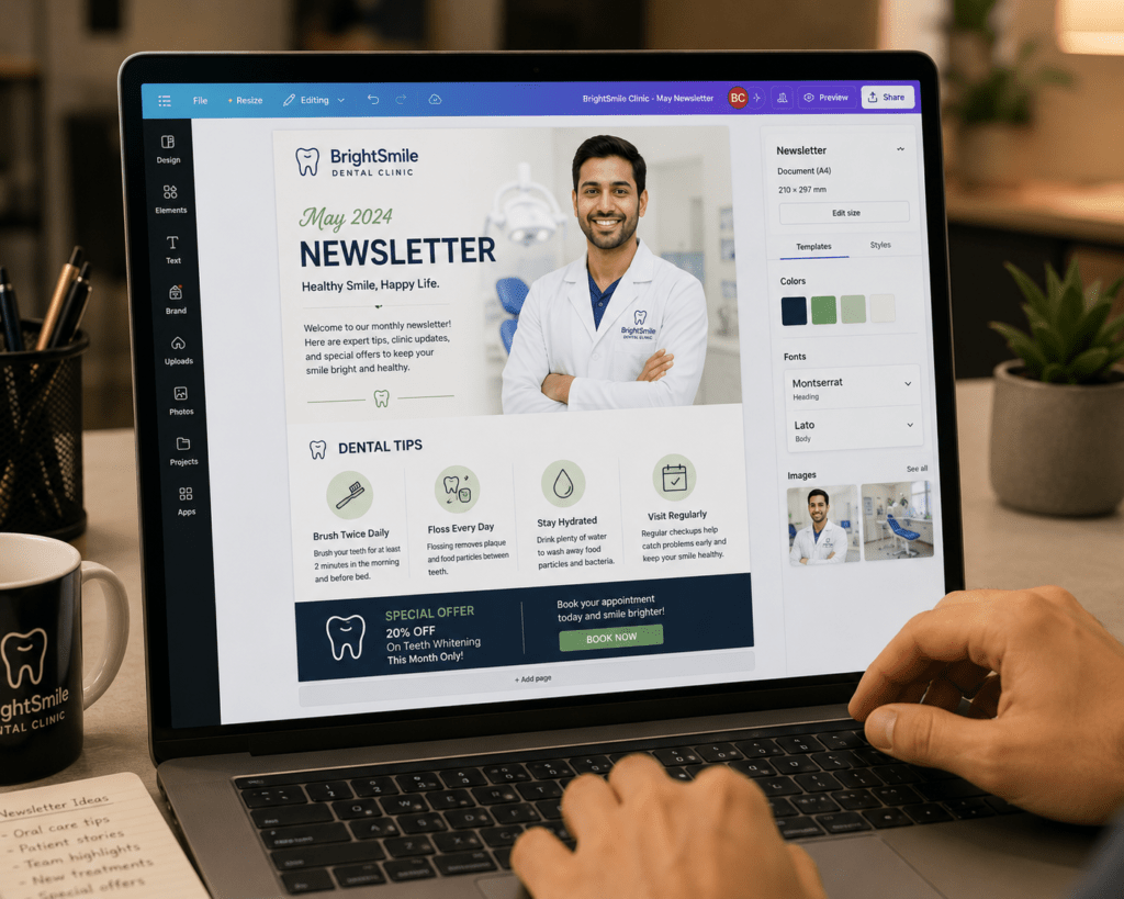 professional developer creating engaging email marketing for dentists on a laptop
