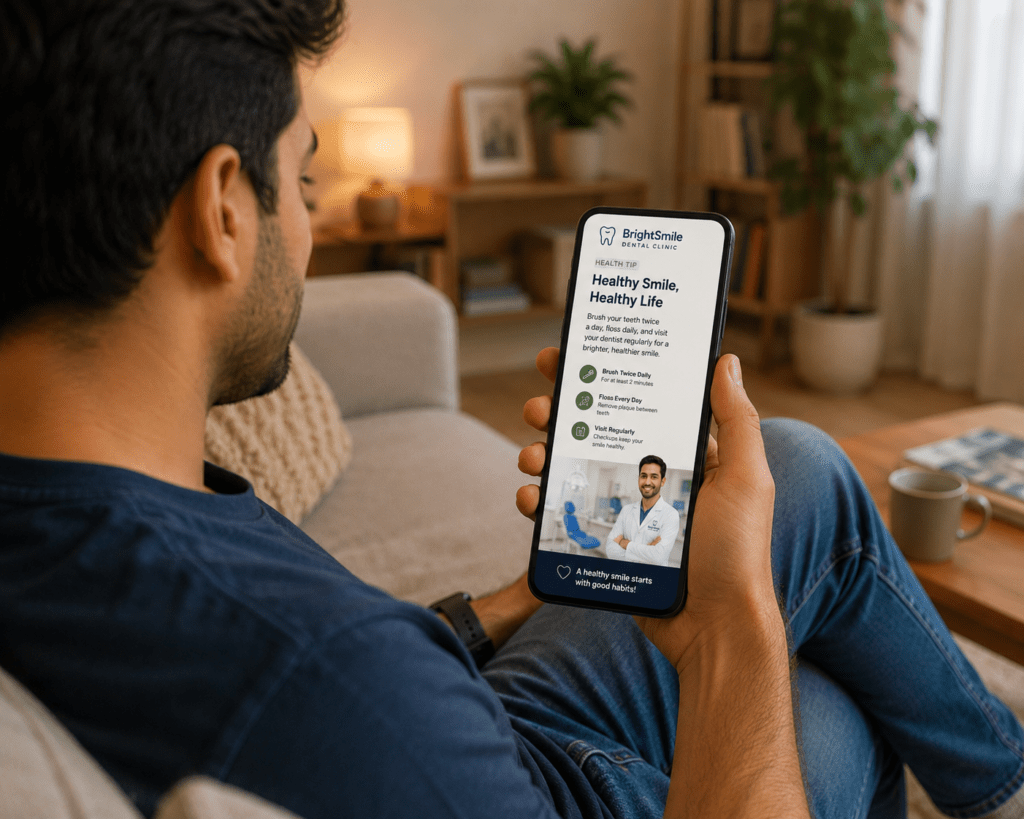 local patient reading educational health tips from a trusted dental clinic