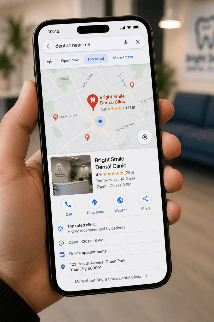 local seo for dental clinics displaying top map rankings on a smartphone
