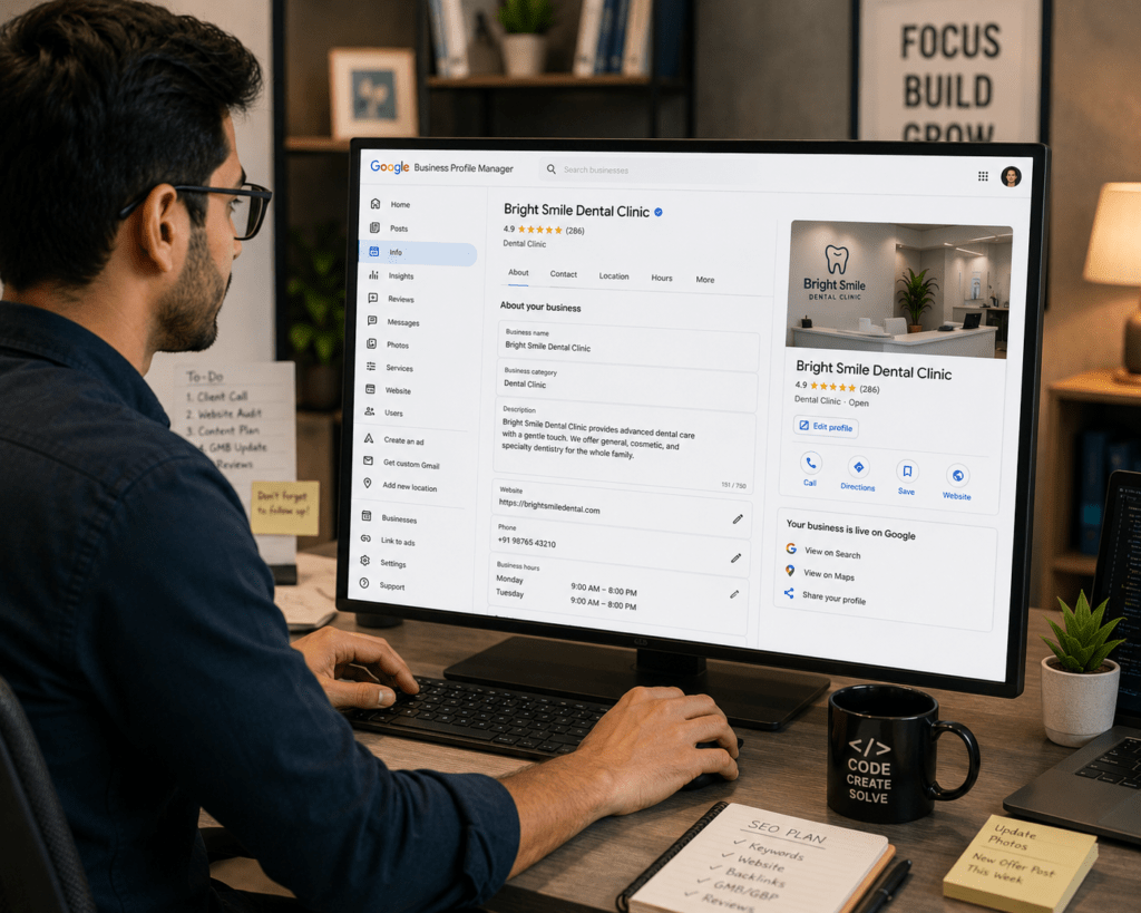 marketing professional updating online business profiles for local search visibility