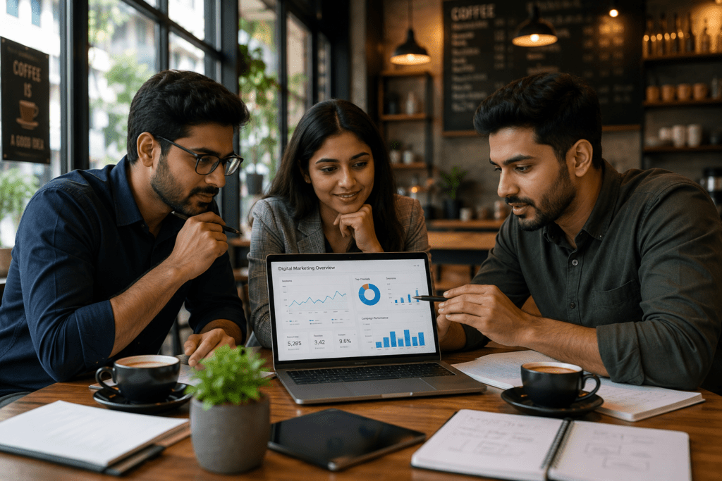Food and beverage marketing experts collaborating with a restaurant owner