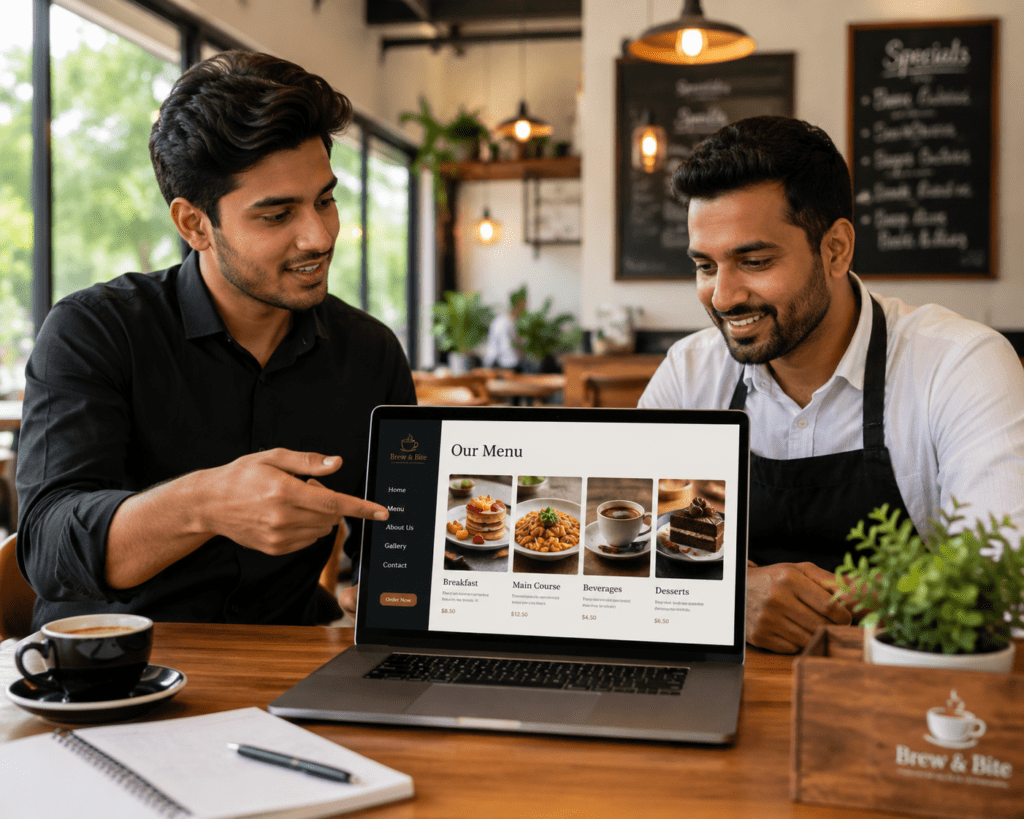 Professional presenting a modern restaurant website design to an owner