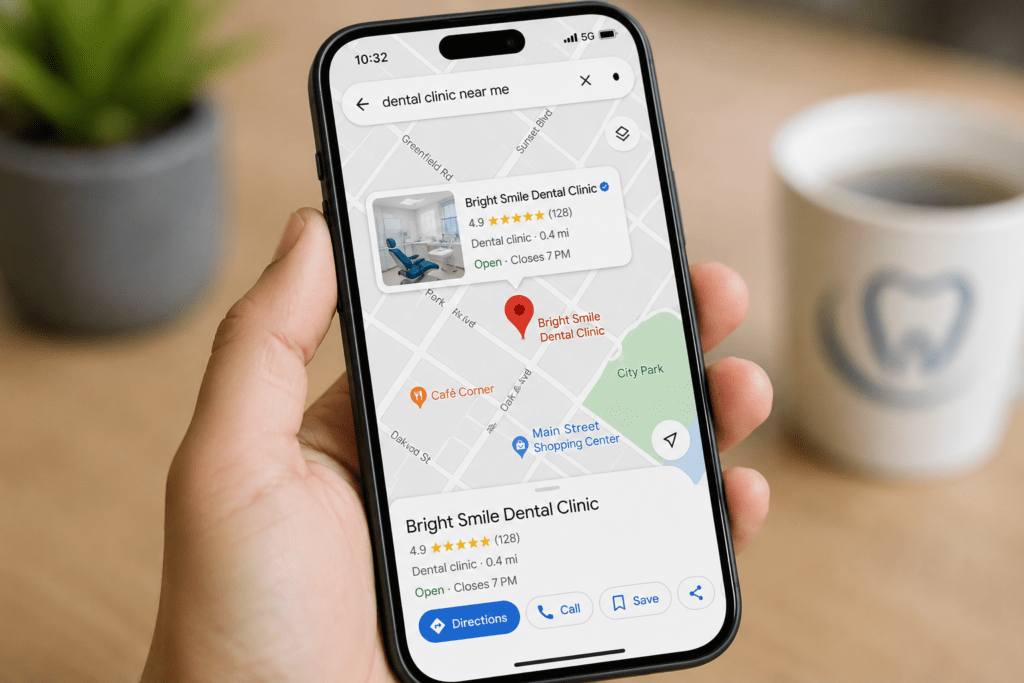 Patient searching for a local dentist on a mobile smartphone