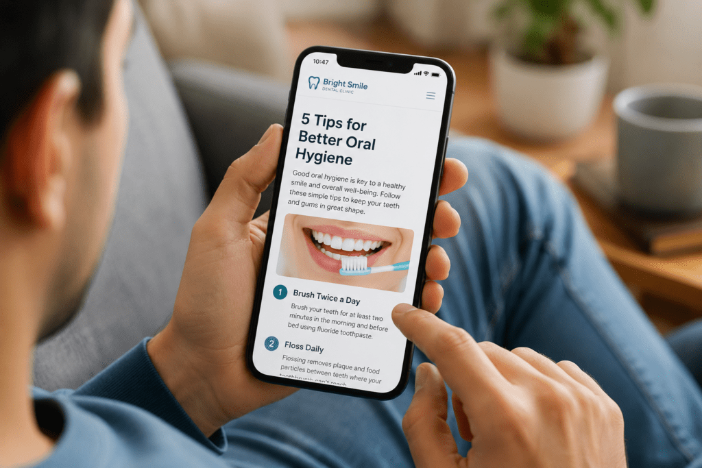 Patient reading helpful dental blog post on a mobile phone