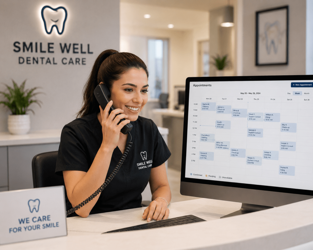 Dental receptionist booking a patient appointment generated from mobile search