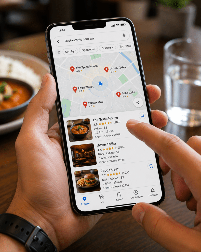 Hungry diner using local search to find nearby food options
