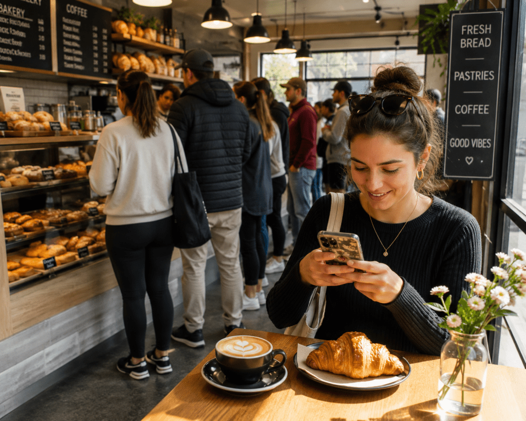 Customer creating user generated content at a local bakery