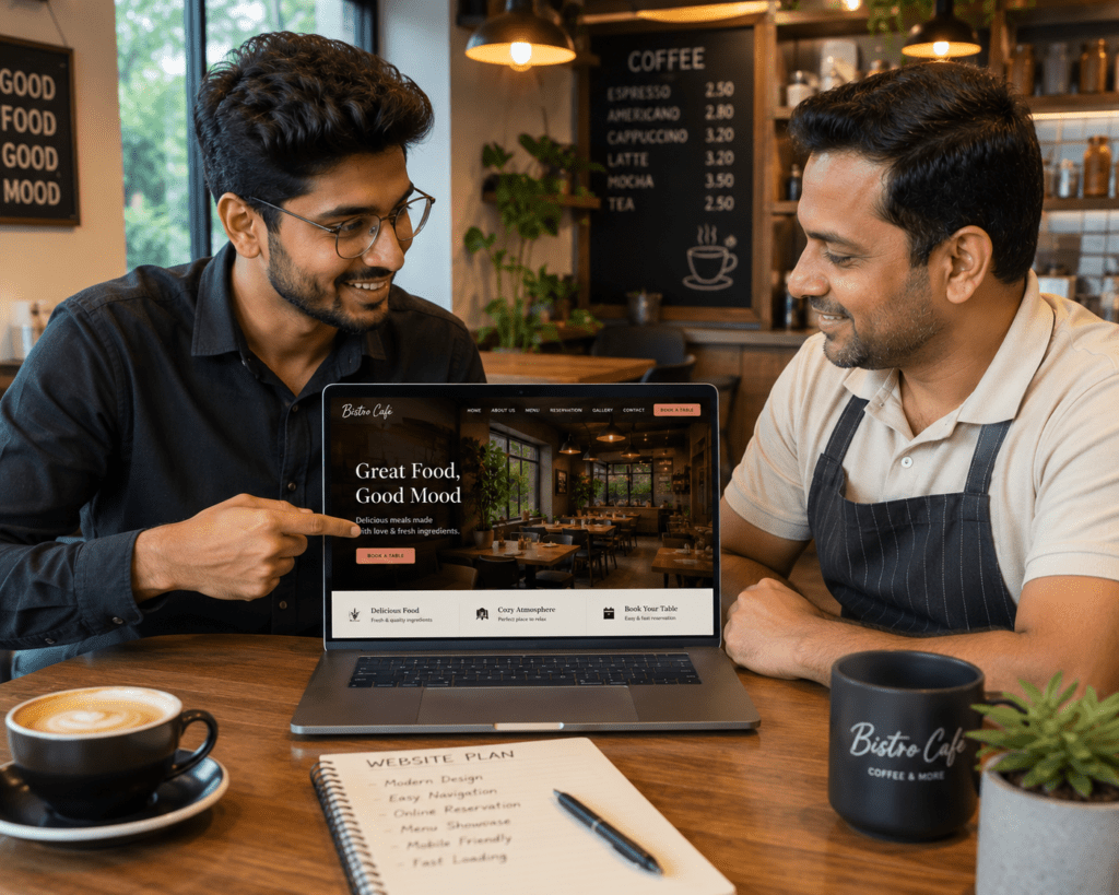 Professional web developer showing a new restaurant website design to an owner