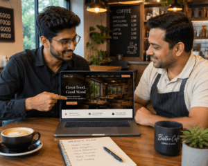 Professional web developer showing a new restaurant website design to an owner